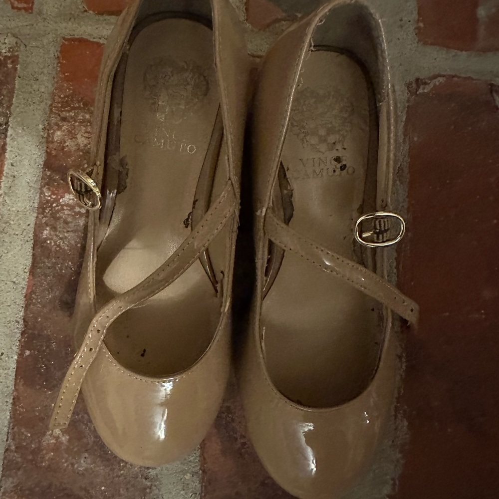 Vince Camuto Beige Leather Mary Jane Chunky Heel Shoes